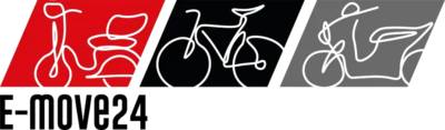 Logo von E-Move24 mit den drei Icons in Rot, Schwarz und Weiß