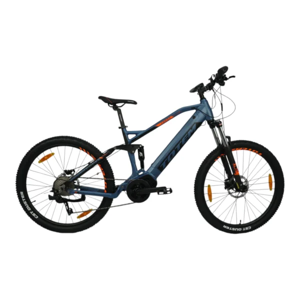 TOTEM Carry E-Mountainbike vollgefedertes Fully E-MTB in Dunkelblau-Orange mit einer Reichweite bis zu 120 km, Vorderrad zeigt nach rechts in der Profilansicht