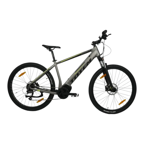 TOTEM Maurice E-Mountainbike Hardtail E-MTB in Silber mit einer Reichweite bis zu 120 km, Vorderrad zeigt nach rechts in der Profilansicht