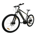 TOTEM Maurice E-Mountainbike Hardtail E-MTB in Silber mit einer Reichweite bis zu 120 km, Vorderrad zeigt nach links vorne schräg in der Dreiviertelansicht