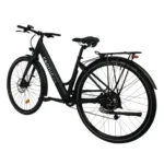 E-Bikes kaufen – Schräge Rückansicht von links auf das matt-schwarze Eonic One Comfort Limited Tiefeinsteiger-E-Bike mit Fokus auf den Hecknabenmotor, die hintere Scheibenbremse, den Seitenständer und das Continental-Hinterrad vor weißem Hintergrund.