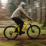 Eonic One Adventure kaufen: Gelbes E-Mountainbike in schneller Fahrt mit einem Radfahrer auf einem kurvigen Trail im dichten Wald.