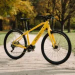 Eonic One Bandit kaufen: Leuchtend gelbes sportliches E-Bike auf einem sandigen Parkweg vor einer herbstlichen Baum- und Wiesenlandschaft.
