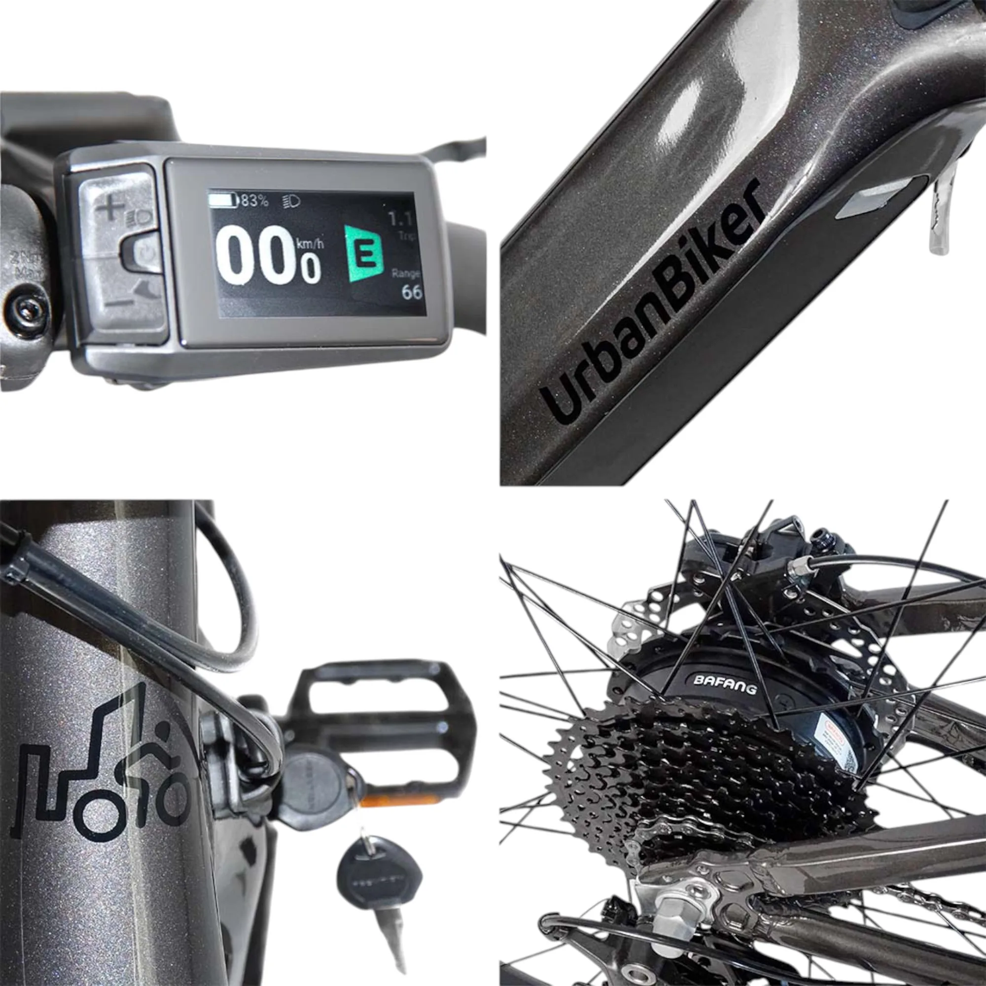 Teile von E-Bikes der Marke UrbanBiker UB300: Display, Rahmen, Pedalen und Motor von Bafang