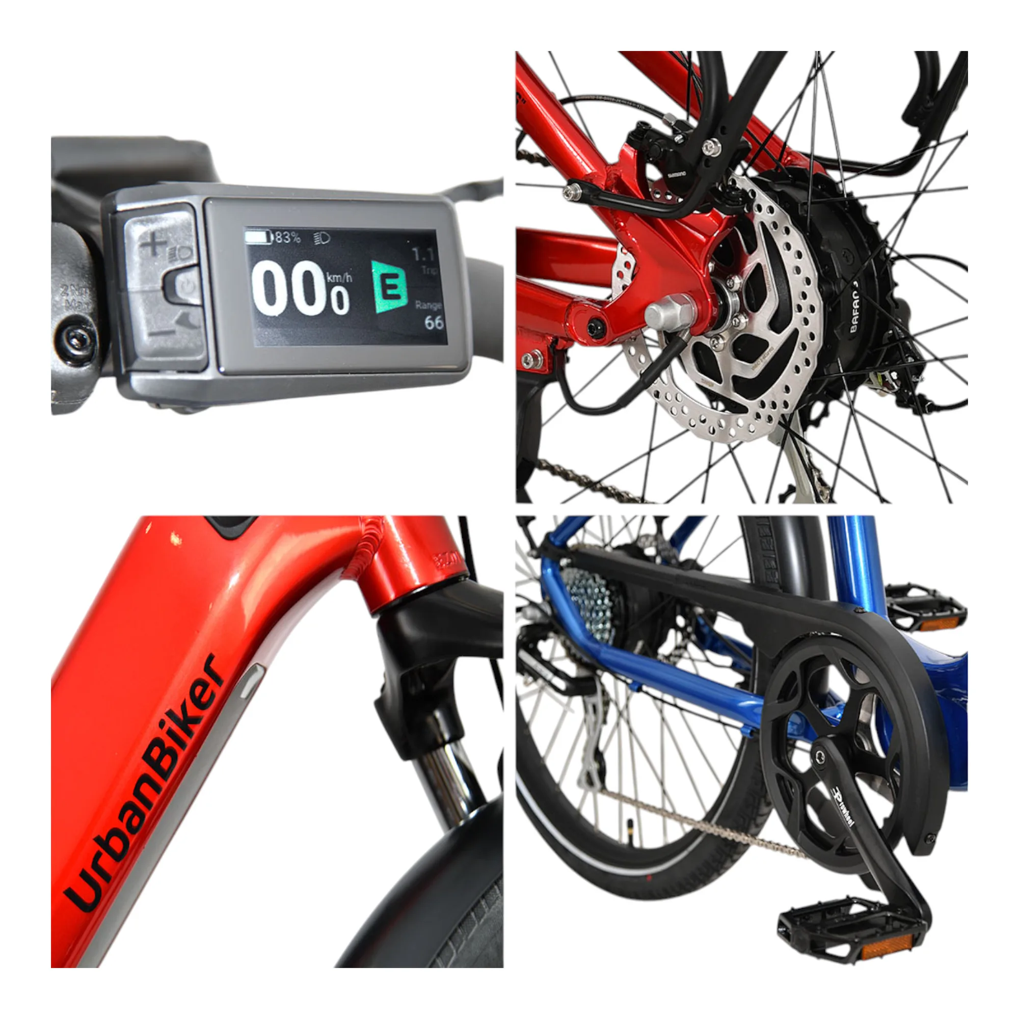 4 Zubehörteile von dem E-Bike der Marke UrbanBiker UB100: Display, Motor Bafang, Rahmen und Pedale