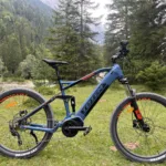 TOTEM Carry Pro kaufen: Blaues vollgefedertes E-Mountainbike auf einer grünen Wiese vor einem dichten Nadelwald und Bergen.