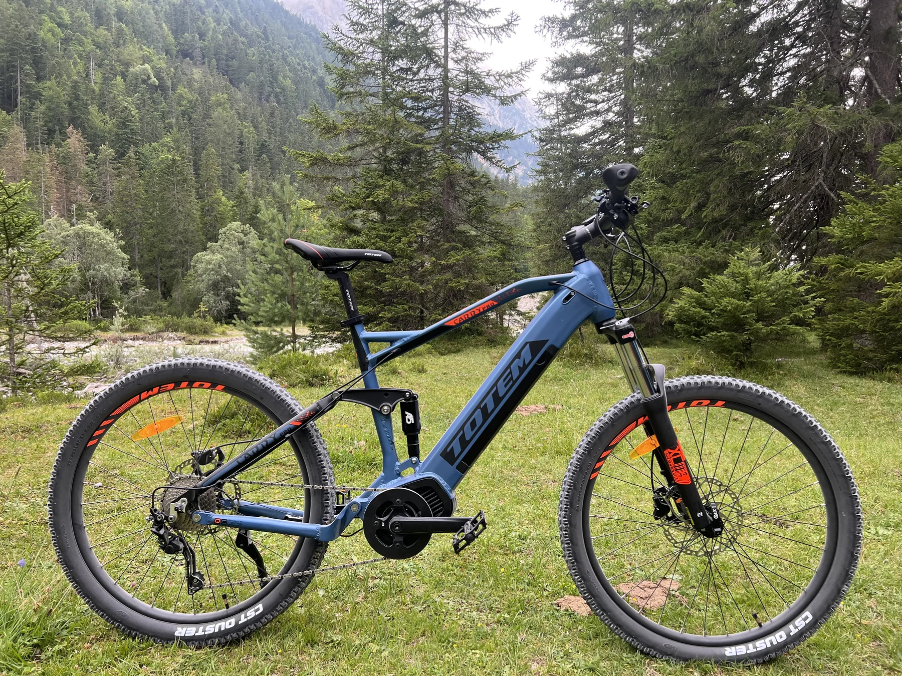 TOTEM Carry Pro kaufen: Blaues vollgefedertes E-Mountainbike auf einer grünen Wiese vor einem dichten Nadelwald und Bergen.