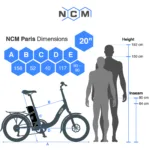 Geometrie- und Größenübersicht des NCM Paris 20 Zoll E-Bikes zur Auswahl der richtigen Rahmenhöhe