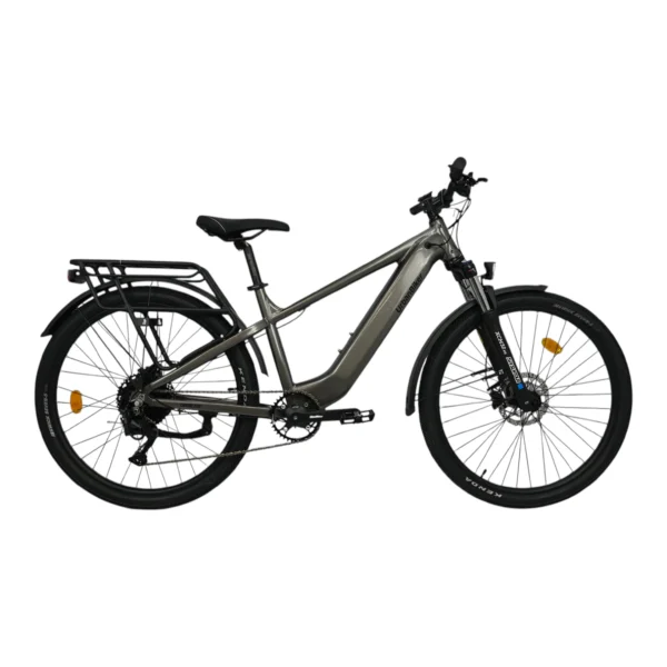 UrbanBiker UB300FE E-Mountainbike vollausgestattetes Hardtail E-MTB in Grau-Anthrazit mit einer Reichweite bis zu 140 km, Vorderrad zeigt nach rechts in der Profilansicht