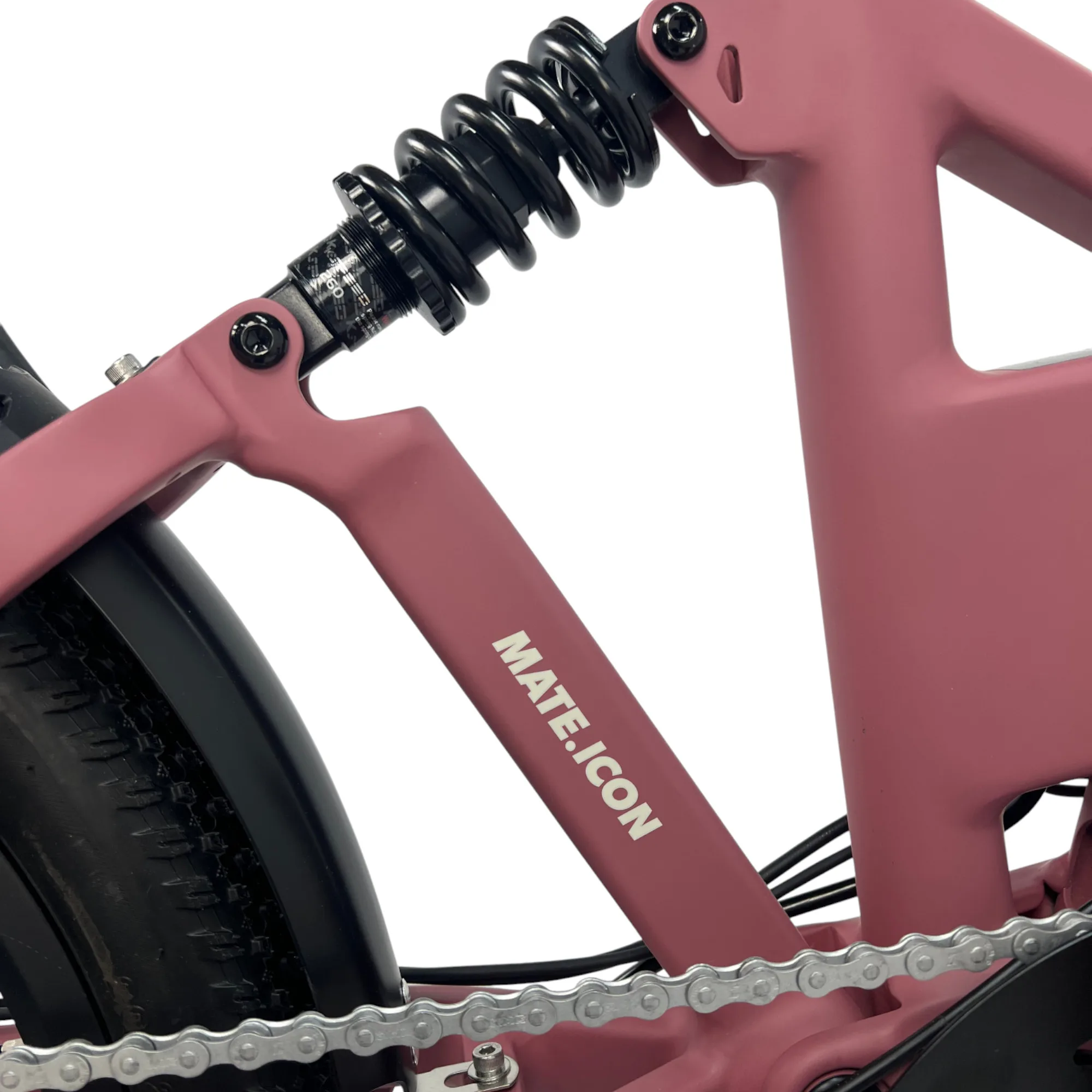 Detailaufnahme von Stoßdämpfern am MATE ICON Faltrad