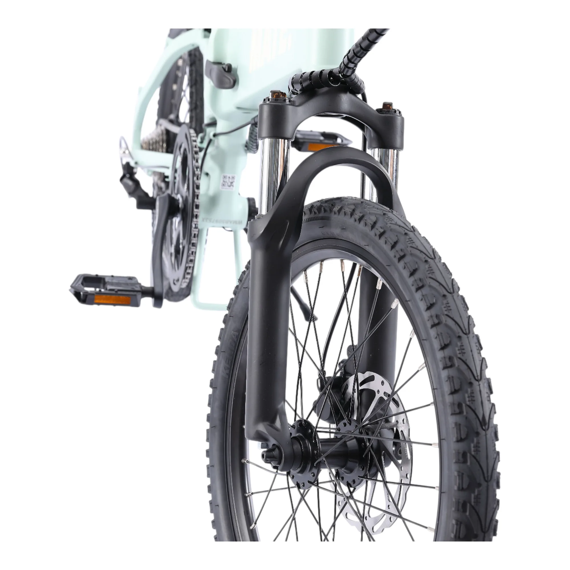 Federgabel eines Mate Icon Faltrad E-Bikes – Detailansicht in MARINA BREEZE