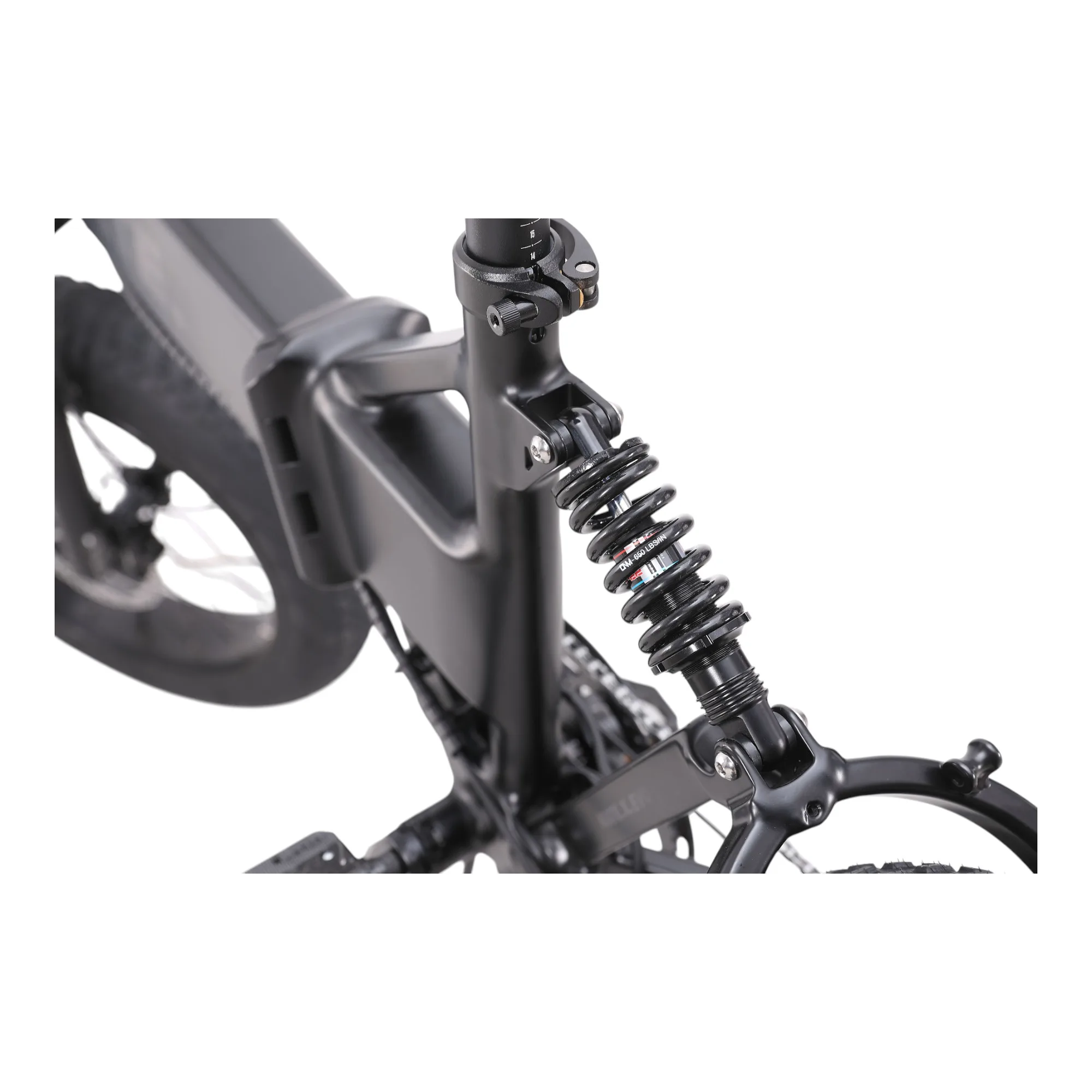 Detailaufnahme des Stoßdämpfers am Mate x Evo Faltrad