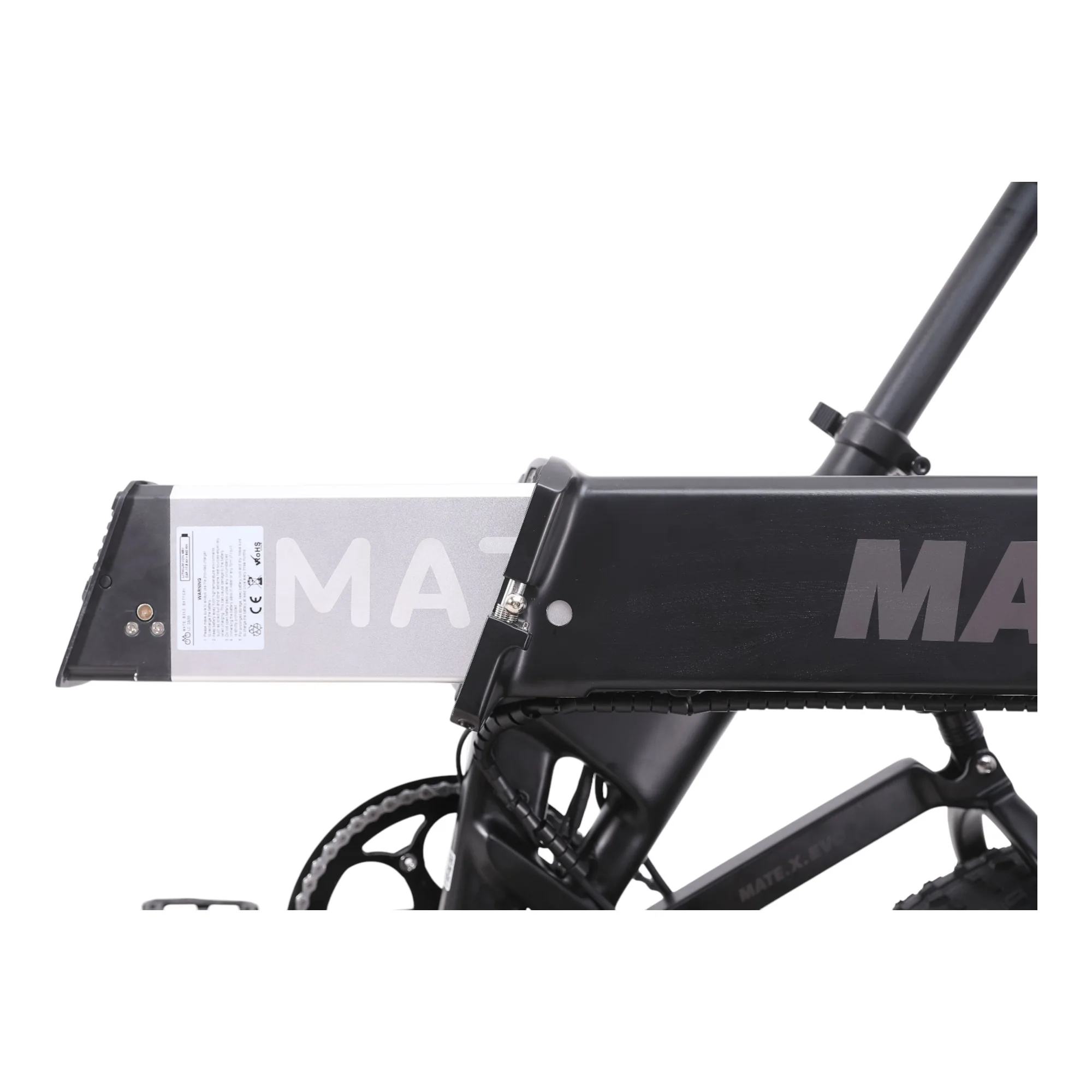 Detailaufnahme des Akkus am Mate x Evo Faltrad in SUBDUED BLACK