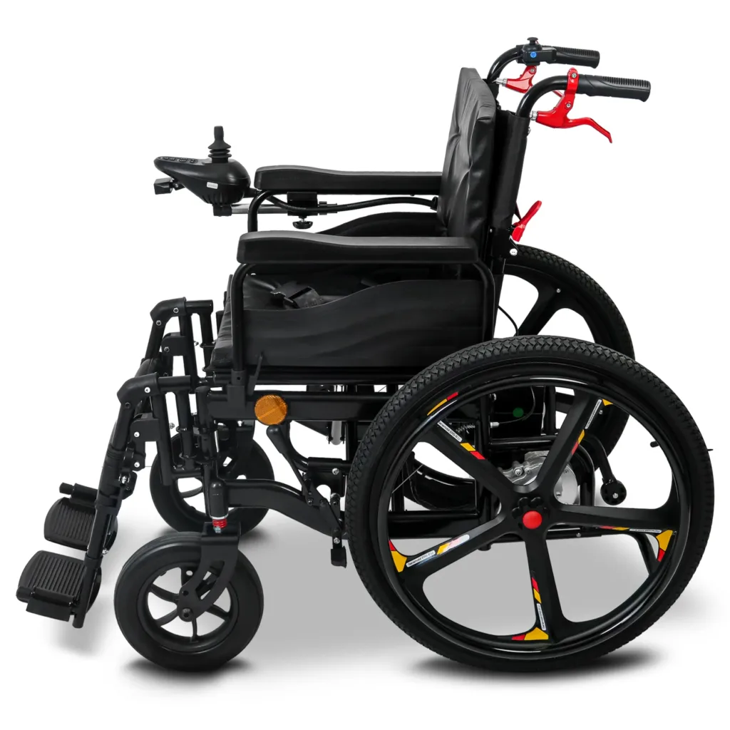 Rolektro kaufen: Linke Seitenprofil-Ansicht des faltbaren elektrischen Rollstuhls Rolektro E-Rollstuhl ERS-6 Lithium online bei e-move24.