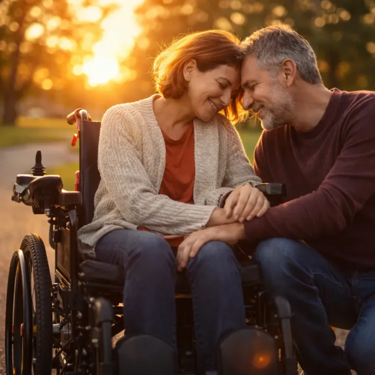 Eine mobilitätseingeschränkte Person sitzt auf einem Rolektro Elektromobil mit Hilfsmittelnummer, neben ihrem Mann, im Alltag unterwegs.