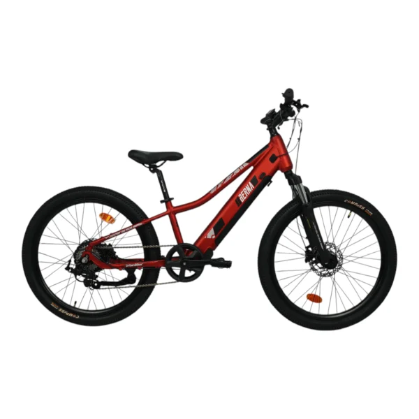 UrbanBiker Berna Kids E-Kinderfahrrad 24 Zoll E-Kinderfahrrad in Weinrot mit einer Reichweite bis zu 70 km, Vorderrad zeigt nach rechts in der Profilansicht