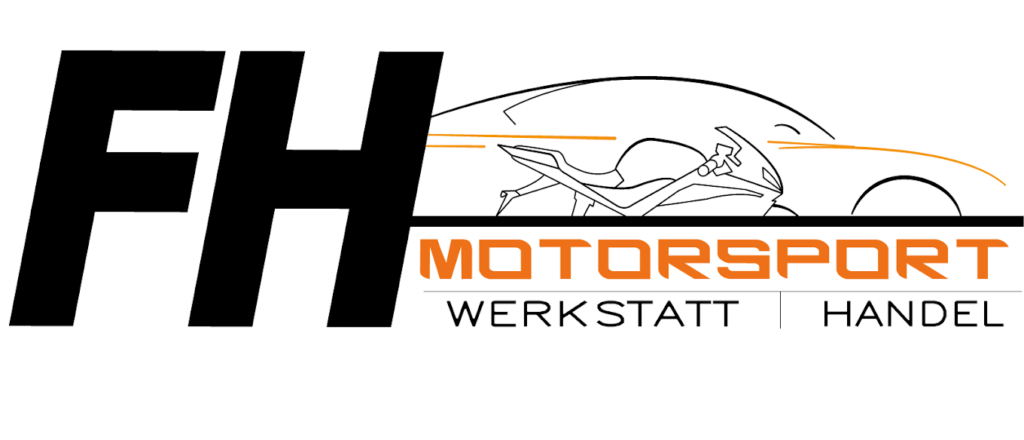 E-Bikes kaufen in Neustrelitz – FH-Motorsport: Das offizielle Logo von FH-Motorsport Werkstatt und Handel mit einer Fahrzeug-Silhouette auf weißem Hintergrund.